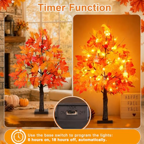 Orange 2 Pack 24in Lighted Maple Trees with LEDs & Timer - Fall Halloween Decor
