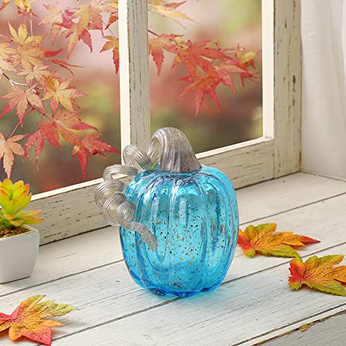 Blue Hand Blown Glass Pumpkin Figurine - 6.1 Inches Fall Decor