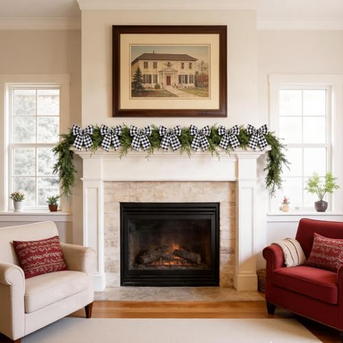 Black Buffalo Plaid Wreath Bows Set - 6 Pack 6x8 Inch Clip-On Rustic Holiday Decor