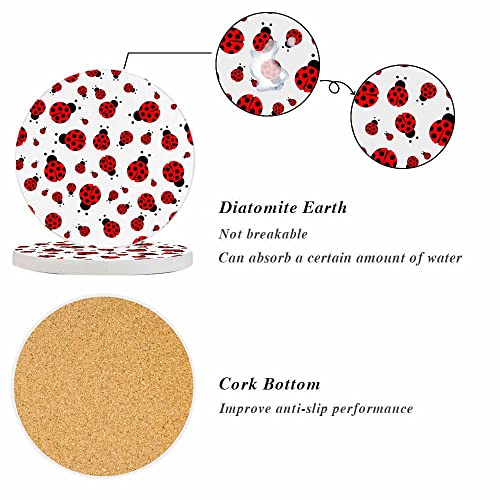 4 Inch Red Ladybird Coasters Set of 2 - Cute Floral Drink Mats for Home Decor