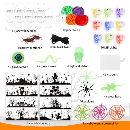 8 Pack Halloween Mason Jar Craft Kit with LED Lights and Accessories for Kids
