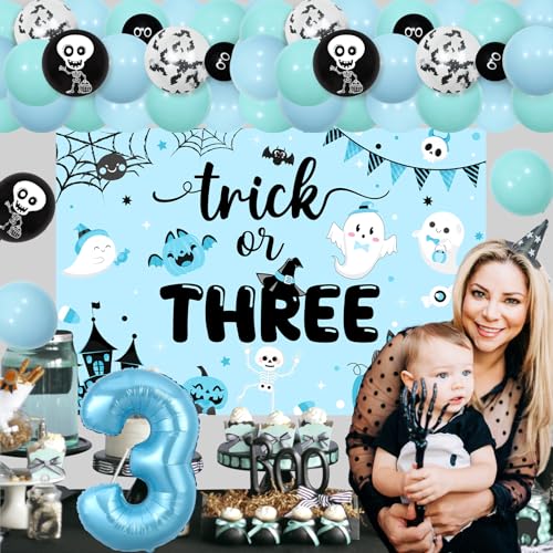 Halloween 3rd Birthday Party Decorations Balloon Garland Kit with Number 3 Foil Balloon for Boy Trick or Treat