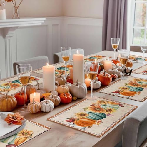 Fall Placemats Set of 4 - Pumpkin Sunflower Autumn Table Decor, Washable Cotton Linen