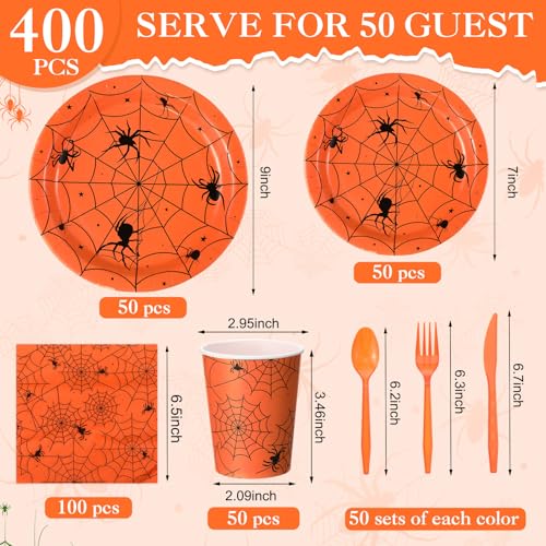 Halloween Spiderweb Disposable Party Dinnerware Set - Orange, 400 pcs