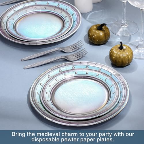 Vintage Style Medieval Party Supplies Set - Silver Pewter Look Dinnerware and Forks for 60 Guests