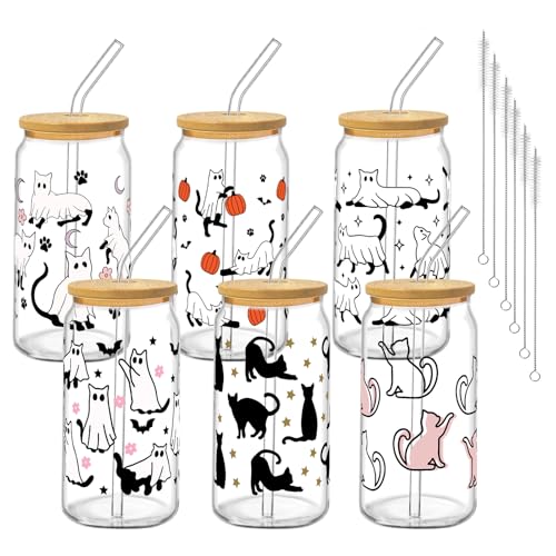 Halloween Glass Cups with Lids & Straws - Black Cat Design, 6 Pack, 16oz, Halloween Cats Variation