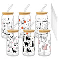 Halloween Glass Cups with Lids & Straws - Black Cat Design, 6 Pack, 16oz, Halloween Cats Variation