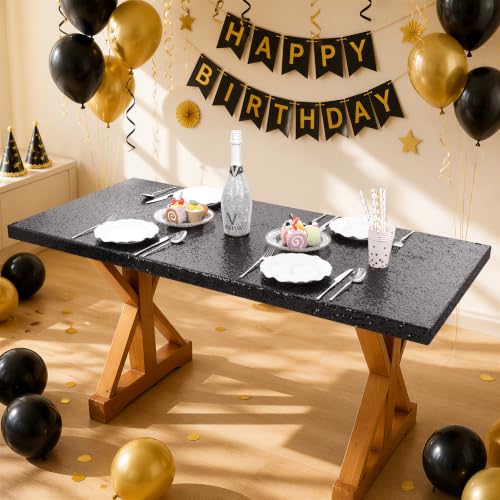 Black Sequin Fitted Elastic Tablecloth - 30x72 Inches, 2 Pack - Suitable for Rectangle Tables, Party & Event Decor