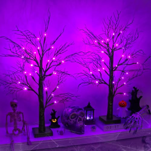 2 Pack Halloween Tree Lights - Purple LED 24-Inch Spooky Decor with Timer & USB