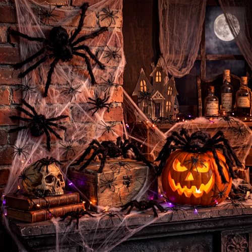 Halloween Giant Black Plush Spiders Set with Cobwebs and Small Plastic Spiders - Outdoor Yard Decorations