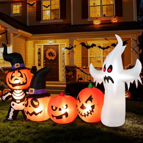 8FT Halloween Inflatable Pumpkin Skeleton Ghost Combo - Yard Decor with Lights - Partyotu