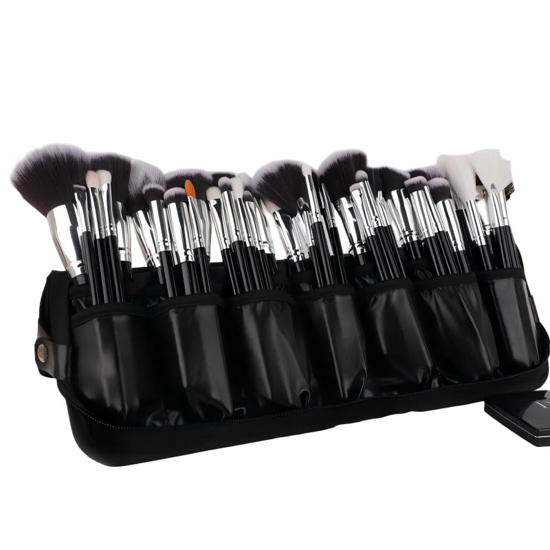 wfljl Professional Makeup Brush Organizer Bag - Leather Travel Case | Portable Cosmetic Bag with Multiple Pockets, Perfect for Makeup Artists & Daily Use to Hold & Protect Brushes Efficiently