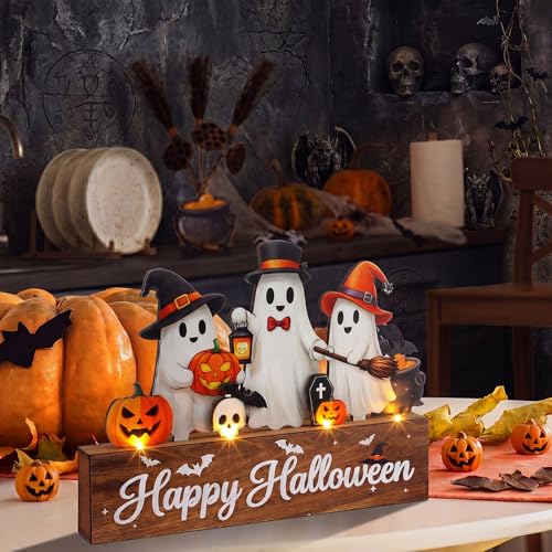 Halloween Ghost Table Decoration with LED Lights - Wooden Indoor Decor