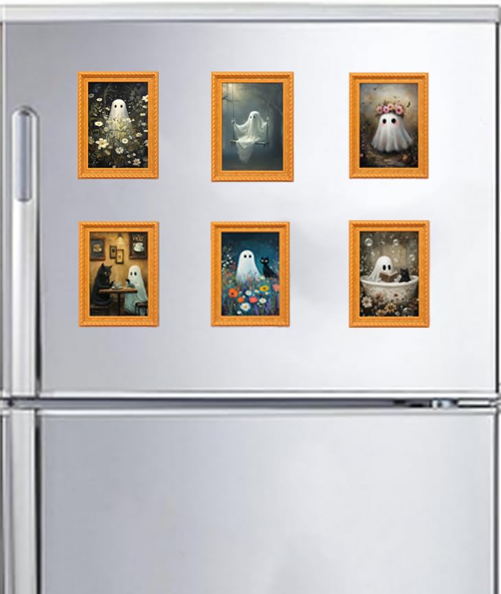 Halloween Refrigerator Magnets - Vintage Wooden Ghost & Cat Design - Style 1 - 6 Pcs
