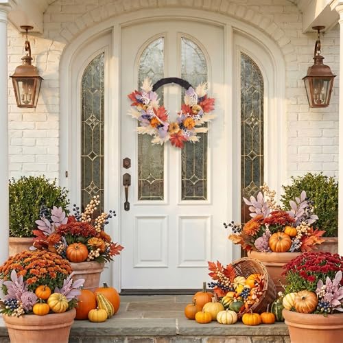 24-Inch Collapsible Fall Wreath with Pumpkins and Lights for Front Door