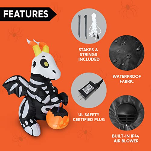 Halloween Inflatable Skeleton Dragon Light Up Yard Decor - 5 FT Tall, Outdoor Blow Up Decoration with LEDs & Stakes - Skeleton Dragon Variation