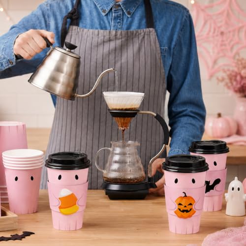 Disposable Coffee Cups with Lids & Sleeves - Pink Ghost Halloween 16 Oz - Pack of 60