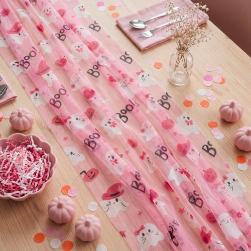 Halloween Gauze Table Runner Pink Ghost 28x118 Inches - Set of 3