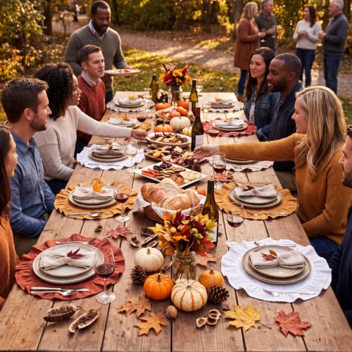 Orange Beige Round Fall Placemats Set of 6 - 15 Inch Ruffled Fabric Table Decor