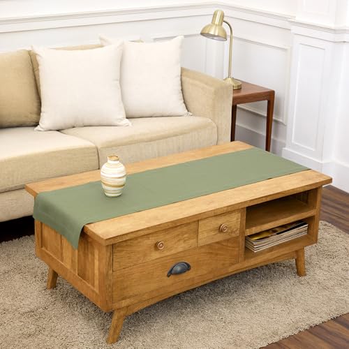 Pure Linen Table Runner - 14x48 Inch Oil Green Woven Fete, Handcrafted, EcoCertified