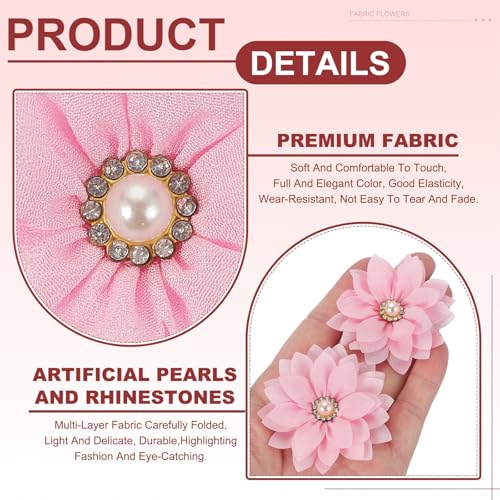 Fabric Flowers with Rhinestone Pearls - Light Pink, 30 Pcs for DIY Crafts & Wedding Decor