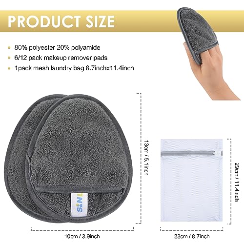 Reusable Makeup Remover Pads 6 Pack - Grey, Soft Microfiber Facial Cleansing Cloths with Travel Bag