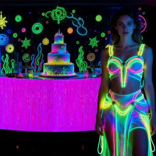 Fuchsia Glow in The Dark Party Table Skirts 2 Pack - Neon Wavy Metallic Tinsel Decorations