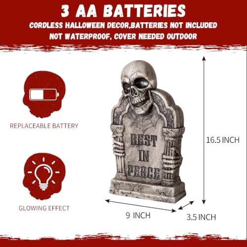 Halloween Animatronic Tombstone with Skull & Pillars - Green Light & Creepy Sound Effects - RIP Cemetery Prop - Variation: Tombstone Green