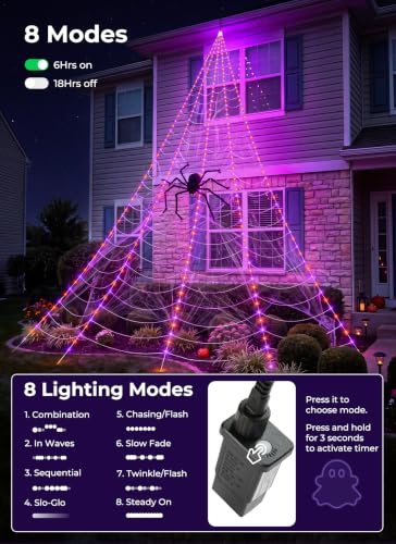 Halloween Outdoor Decorations Giant Spider Web Lights - Orange & Purple, 255 LEDs, 8 Modes