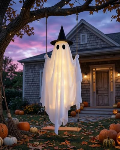 Outdoor 5FT Hanging Ghost Decor with Remote Lights, Waterproof & Stable
