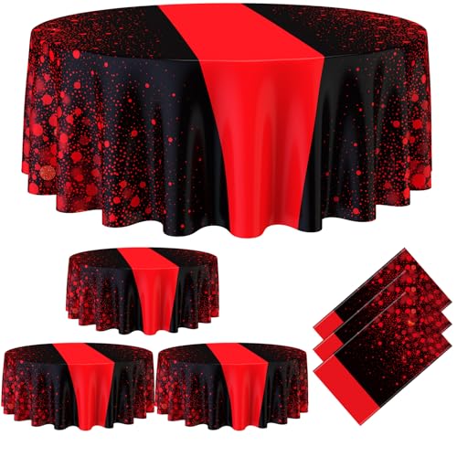 Black and Red Disposable Round Plastic Tablecloth 84 Inch - 6 Pack