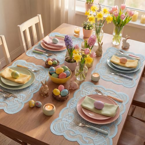 Blue Eggs Lace Easter Placemats Set of 4 - 12x18 Inch Rectangular Table Mats for Weddings & Parties