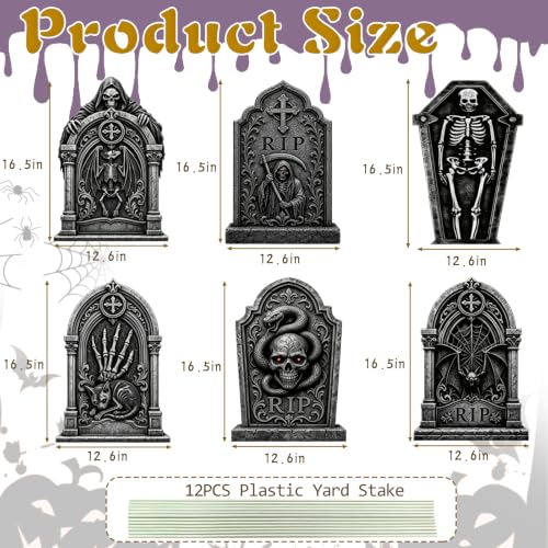 17 Inch Halloween Skeleton Tombstones Outdoor Decorations - 6 Pack Spooky Cemetery Set