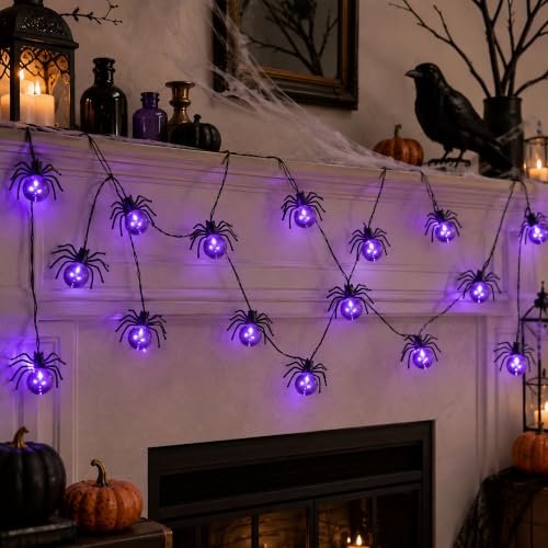 Halloween Spider String Lights 2 Pack - 20 LED Waterproof Outdoor Decor with Timer