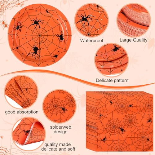Halloween Spiderweb Disposable Party Dinnerware Set - Orange, 400 pcs