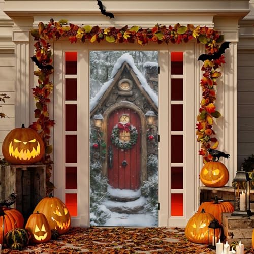 Christmas Fairy Door Cover - Stretch Fabric Porch Decoration 35x79 in - Holiday Door Cover