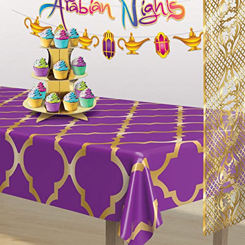 Moroccan Lattice Plastic Table Covers - 3 Pack, 54 x 108 Inches, Purple & Gold - Arabian Nights Theme Party Decor