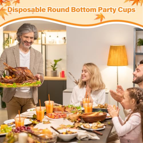 Orange Plastic Party Cups with Lids and Straws - 16oz 50 Pack - Disposable Drinkware