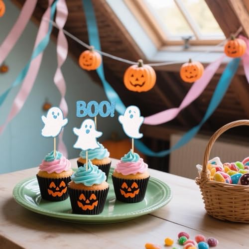 Blue Halloween Ghost Cupcake Toppers - 24 Pcs Party Decor, No Assembly