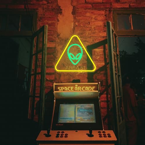 Alien Neon Sign - Area 51 LED Wall Decor with UFO Green Alien & Triangle Frame - Gamer Room & Man Cave Lighting - Variation: Alien