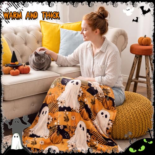 Halloween Throw Blanket 50x60 Inches - Orange Plaid Ghost Pumpkin Fleece Cozy Decor