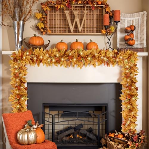 6FT Fall Leaves Garland with Lights and Timer - Red-Orange Autumn Decor
