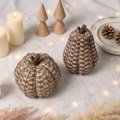 Brown Fall Pumpkin Decor Pack - Woven Resin Pumpkins for Indoor & Outdoor