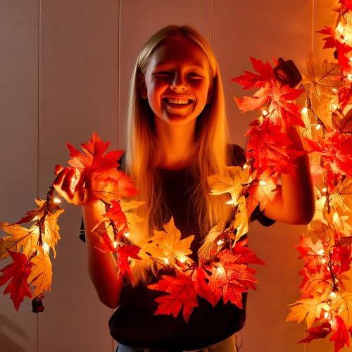 9FT Fall Garland with Lights - Large Maple Leaves, Connectable, Indoor Outdoor Decor - Variation 2