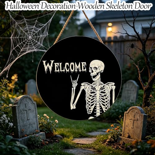 Halloween Wooden Skeleton Sign - Front Door Decor, Rock Gesture & Welcome Text - Skeleton Variation