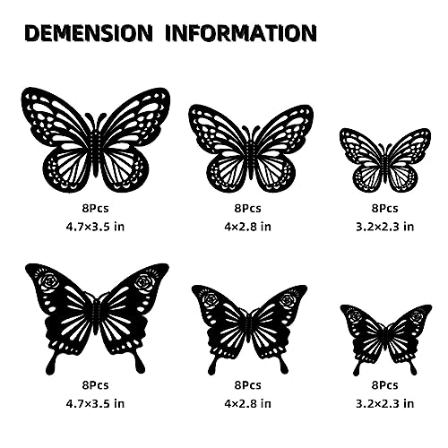 Halloween Black Butterfly Wall Decor - 48Pcs 2 Styles 3 Sizes Butterfly Stickers - 3D Paper Decals for Party & Home