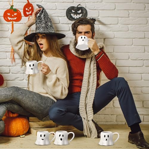 White Ghost Mug Set - Halloween Ceramic Coffee Cups 11 oz, 6 Pieces