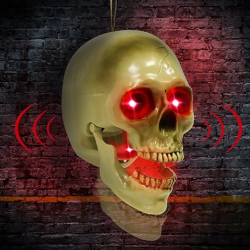 Halloween Animatronic Talking Hanging Skull Head Outdoor Decor - Scary Sound & RGB Lights