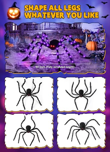 Black Halloween Spider Decorations 59 Inch Lighted Fake Spiders 2 Pack