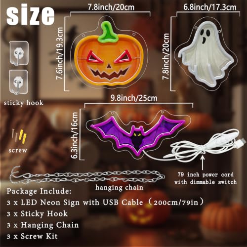 Halloween Neon Signs Set - Dimmable Pumpkin Ghost Bat LED Lights - Colorful Halloween 3pcs